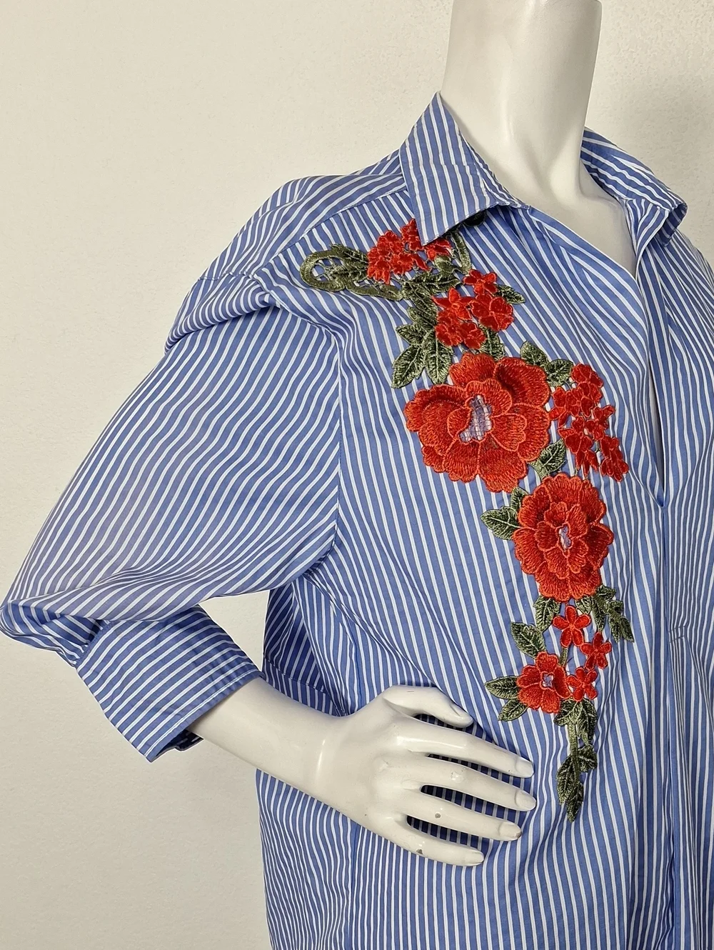 Zara Floral Embroidered Striped 3/4 Sleeve Coastal Boho Tunic Shirt Dress Size S
